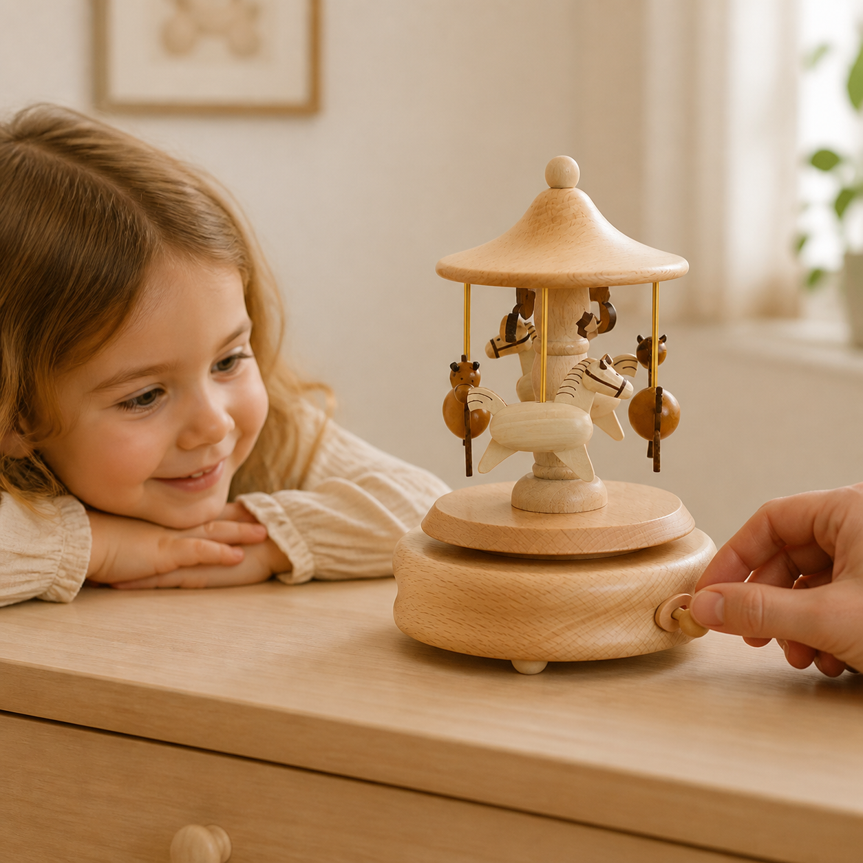 Wooden Carousel Music Box Ornaments Rotatable Hand-Cranked