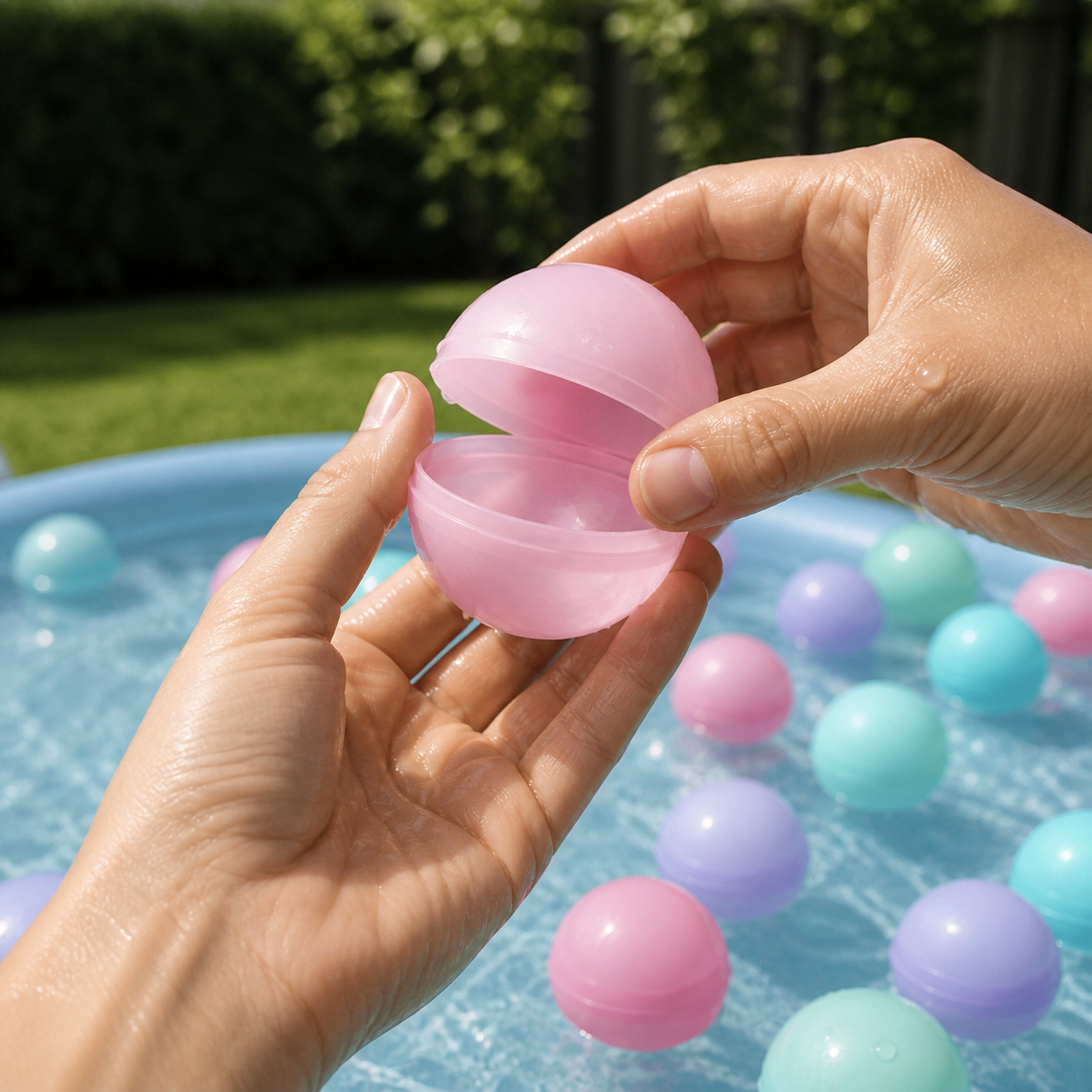 Reusable Water Balls Self-Seal Fast Inflating Silicone S — close view of an adult hand opening and closing one silicone ball at its center seam