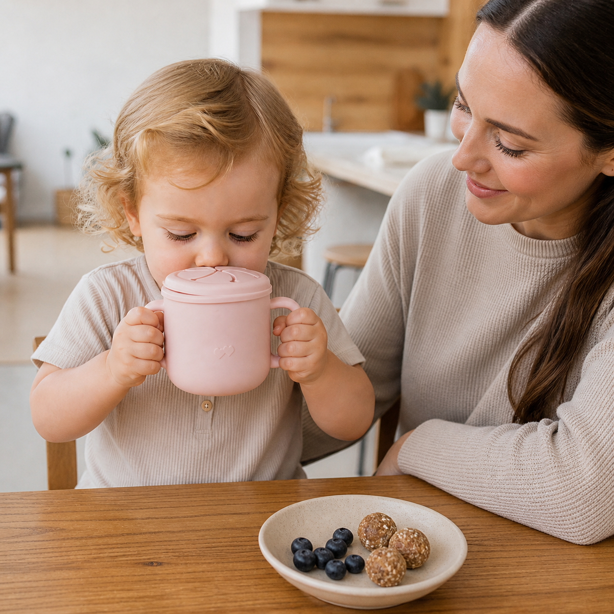 Baby Silicone Feeding Cups Portable Drinkware Sippy Food — family snack routine with the toddler using the cup at a stable table