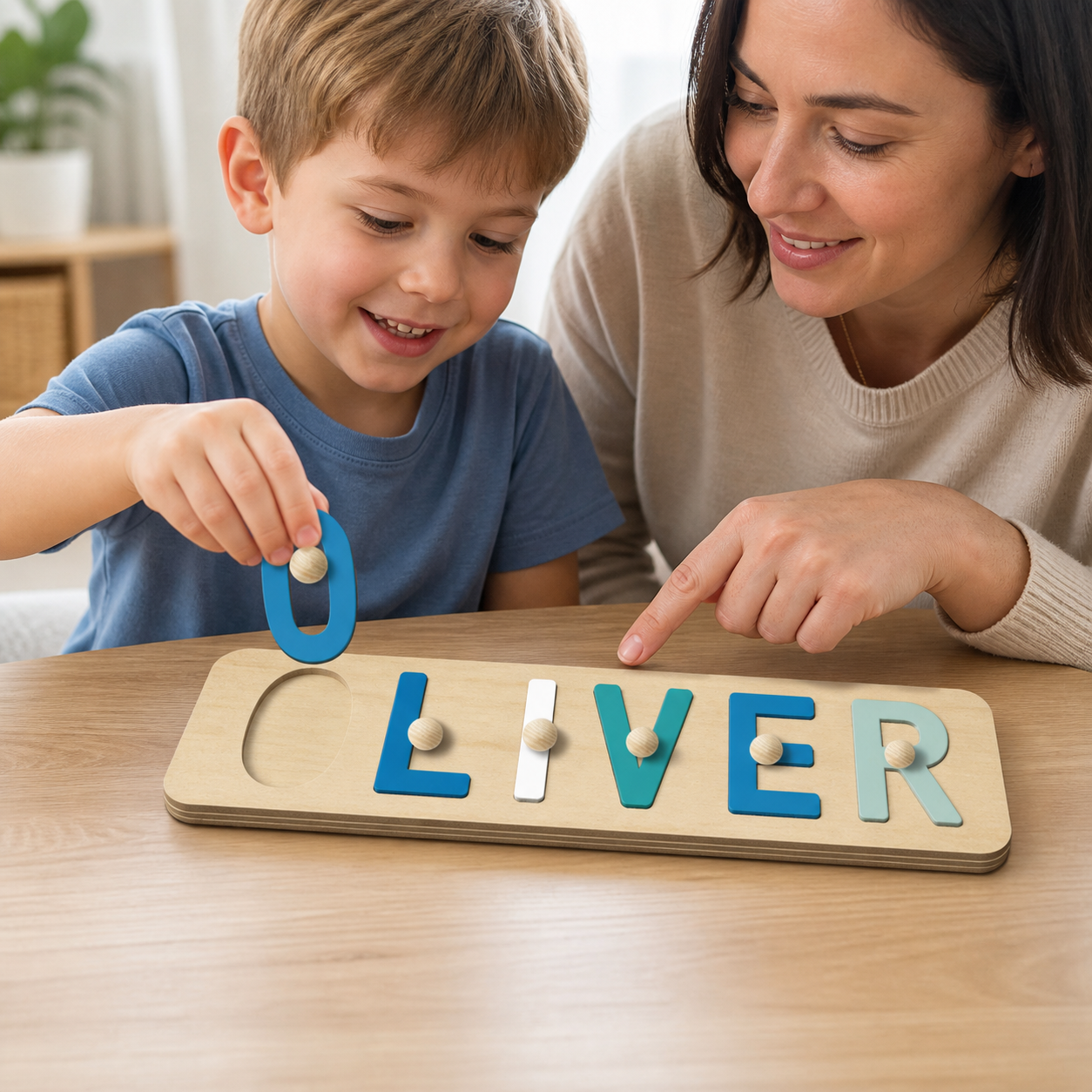 Parent and preschool child placing the removable O into the OLIVER wooden name puzzle