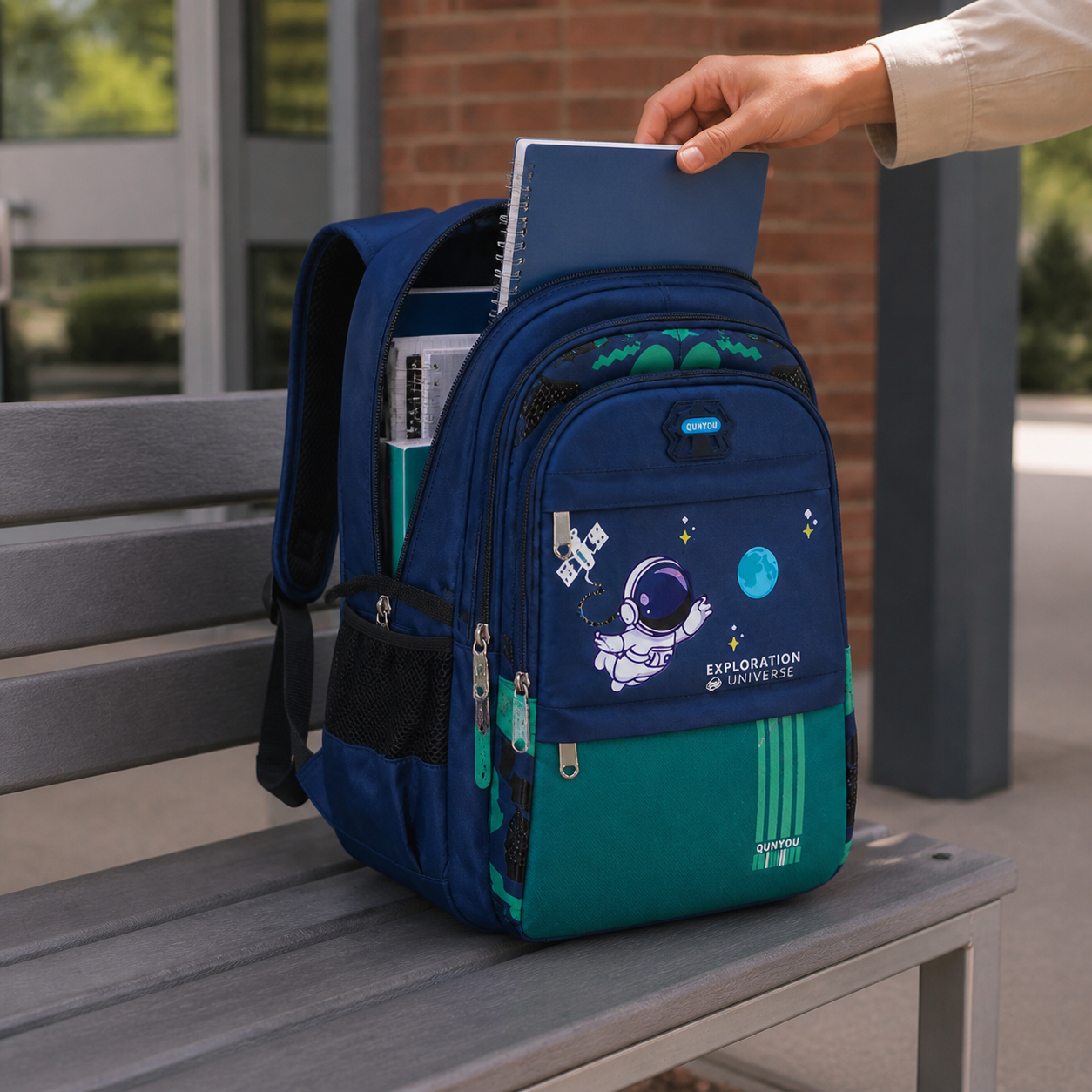 Child wearing the big Blue astronaut backpack at realistic scale