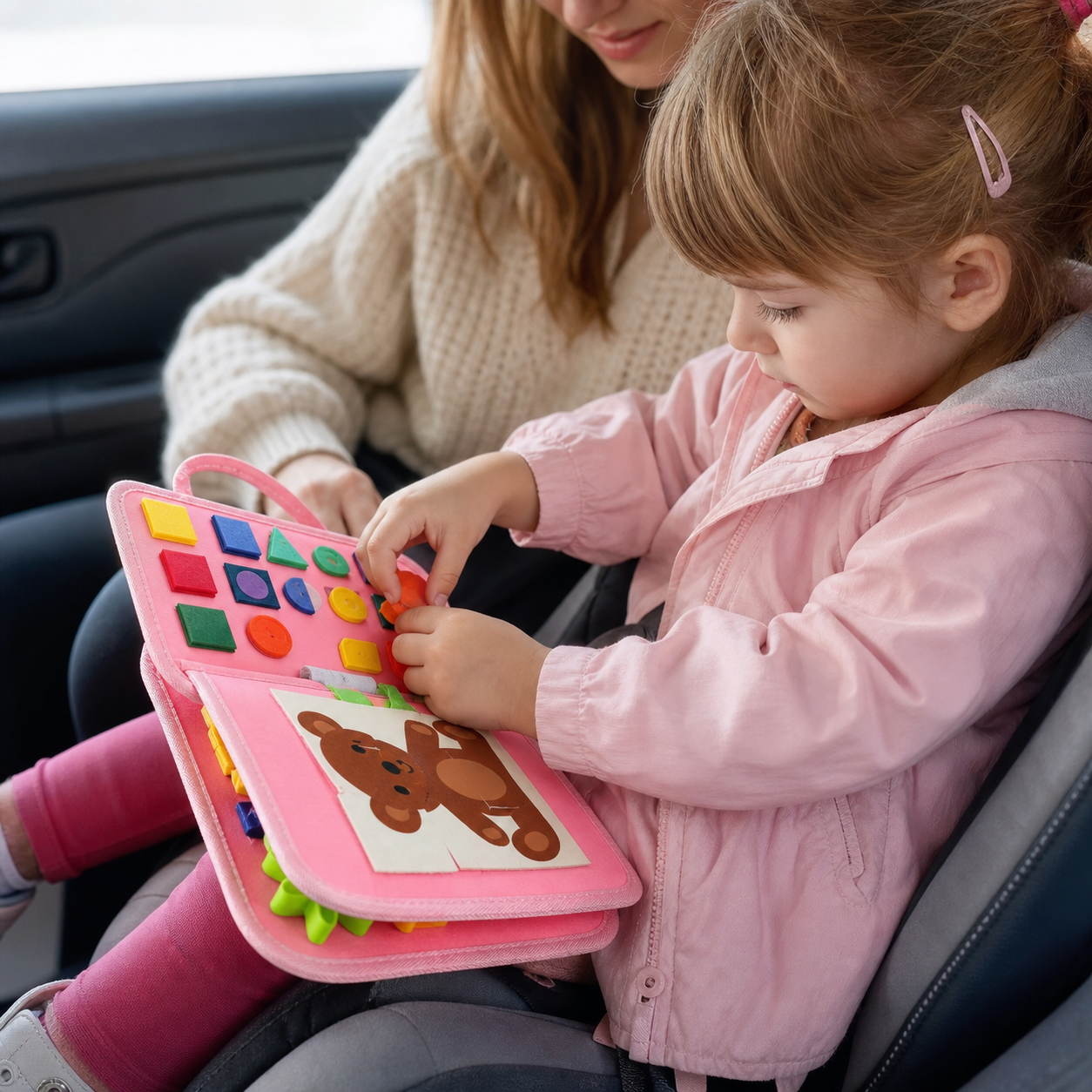 Montessori Kids Travel Toy Felt Activity Quiet Books — close view of small hands fastening a felt piece onto the correct page, natural fingers