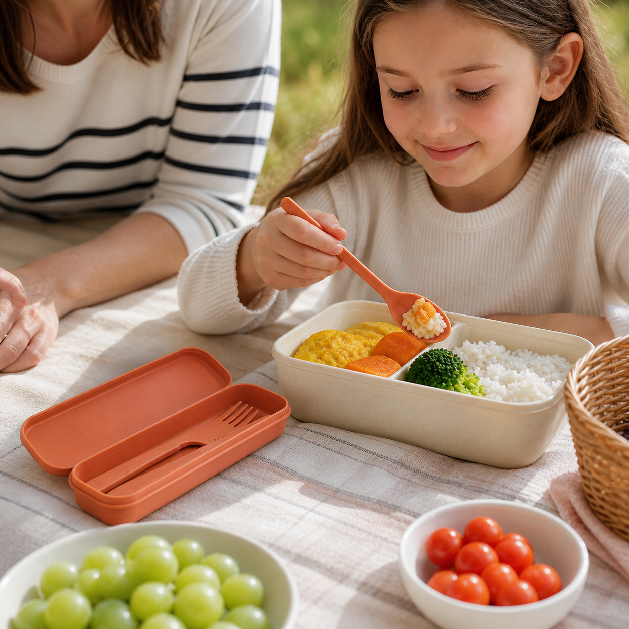 School-age child using the orange spoon at a supervised family picnic with the open cutlery case nearby.