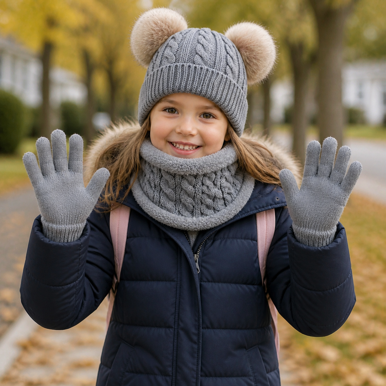 Child aged seven to nine wearing the complete grey winter hat neck warmer and gloves set