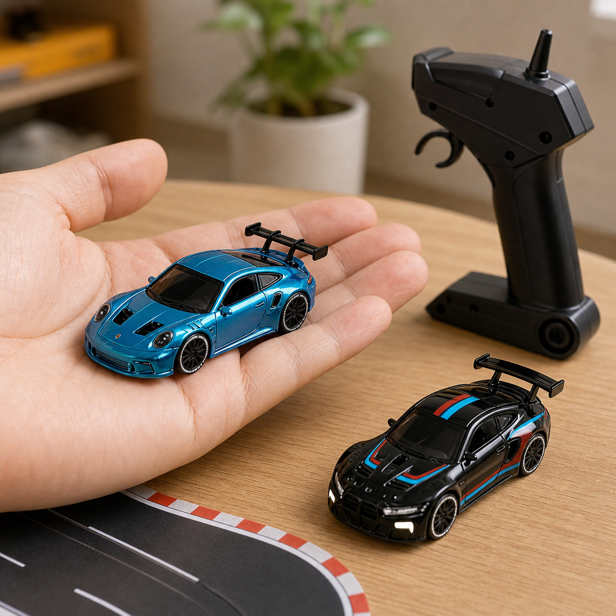Palm-sized blue and black 1:64 mini racing cars beside a compact controller for accurate scale