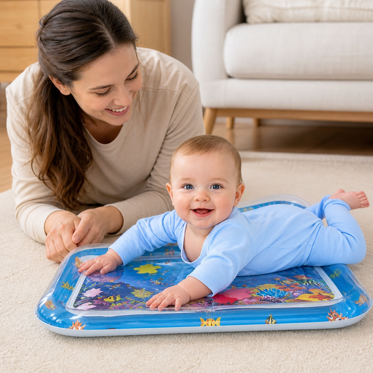 Baby Water Play Mat Inflatable Cushion PVC Infant — awake infant doing tummy time on the blue water mat while parent lies beside them