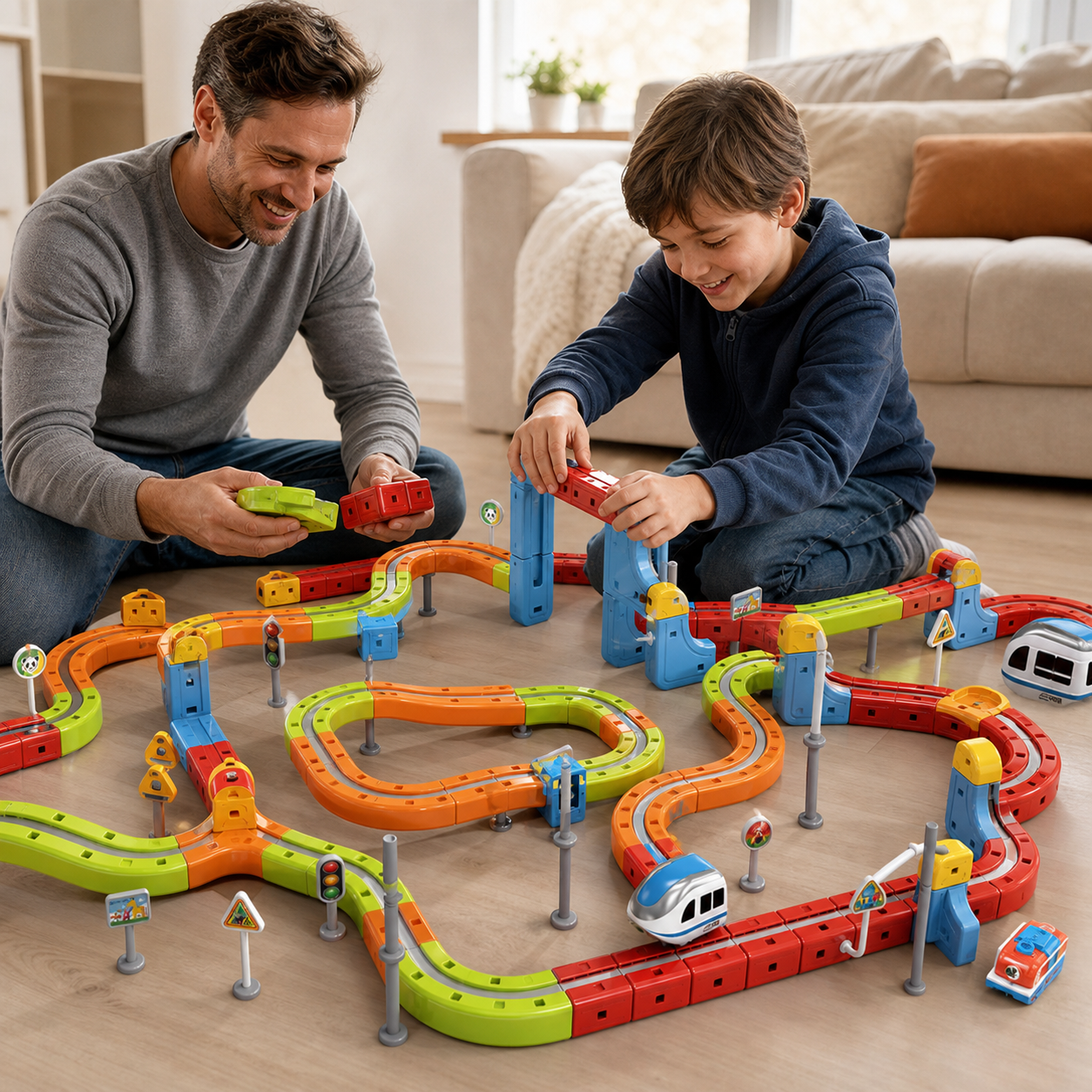 School-age child and parent connecting colourful magnetic modular train-track pieces on the floor