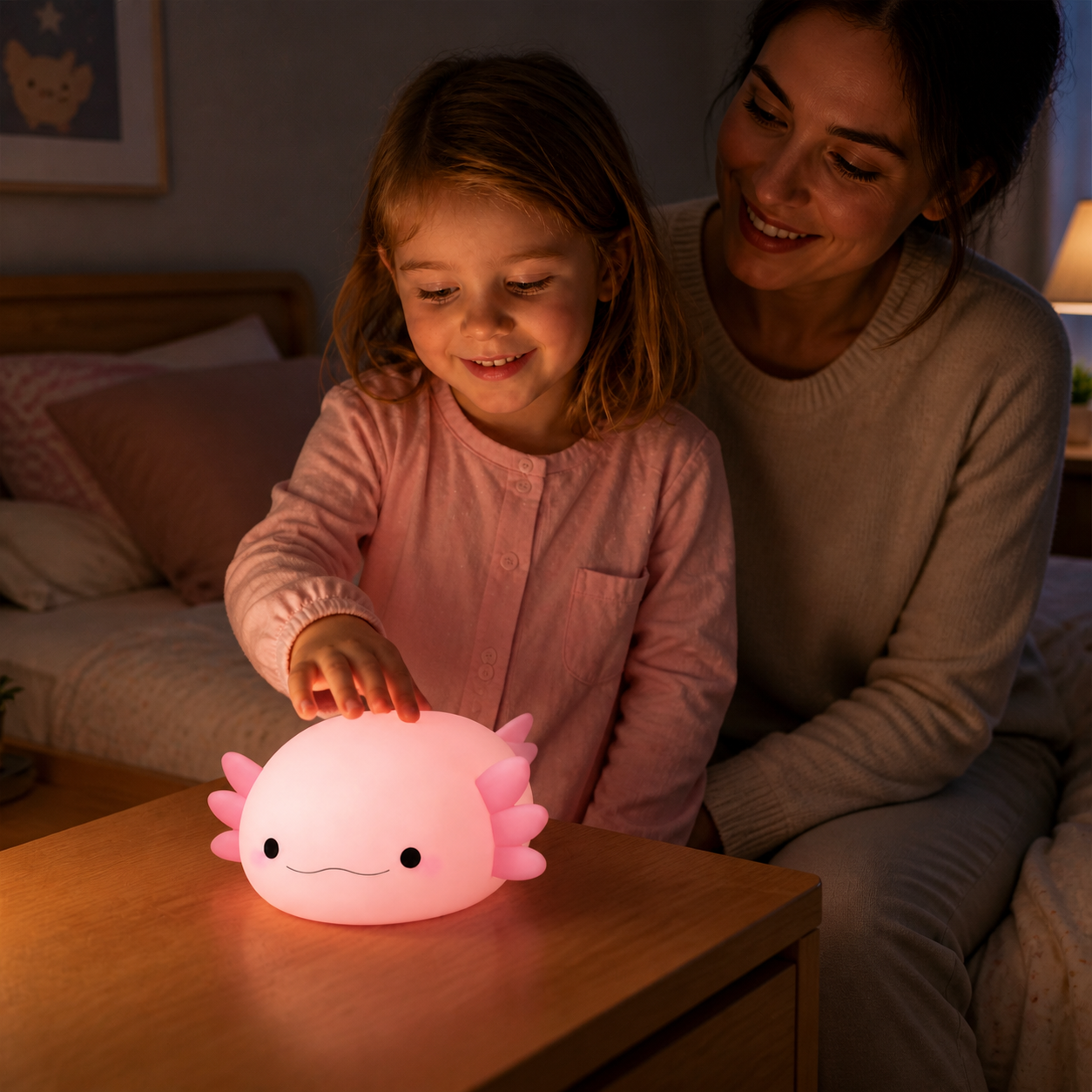 Child touching the axolotl night light on a stable bedside table