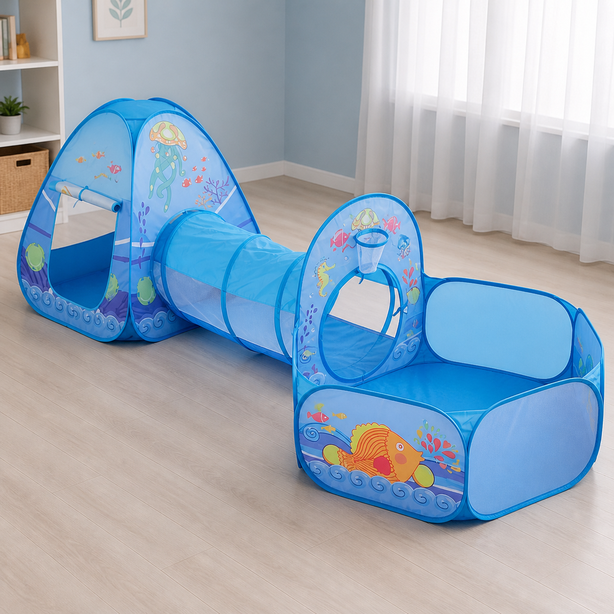 Child crawling safely through the blue play tunnel under adult supervision