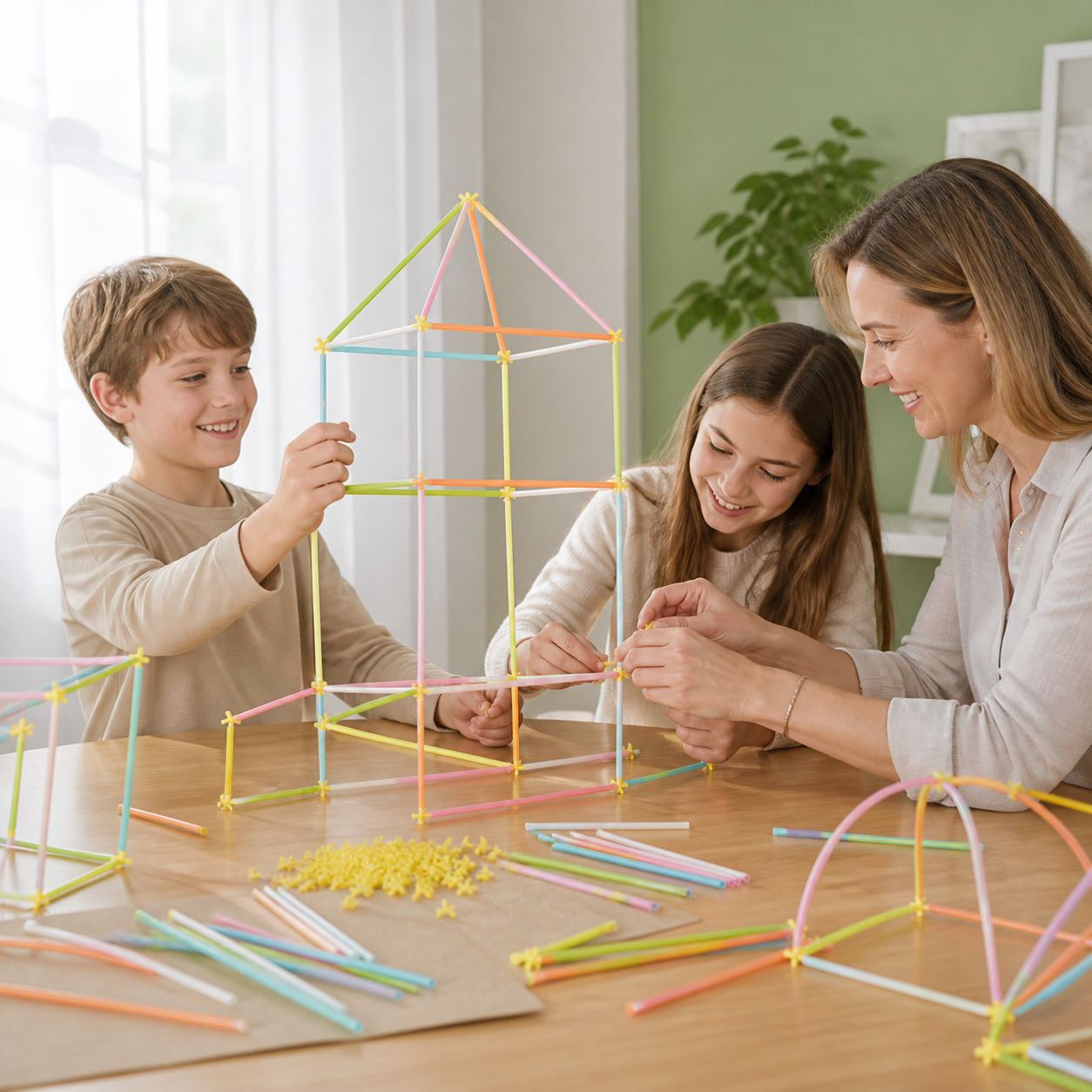 Pastel hollow building straws and yellow connectors arranged beside a completed structure