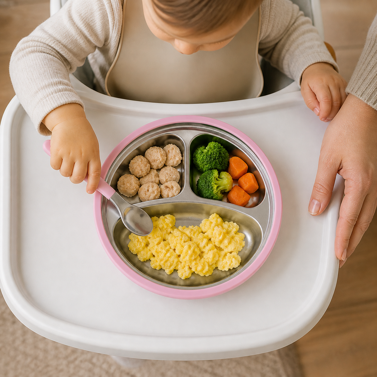 Pink suction plate with three divided stainless-steel food compartments