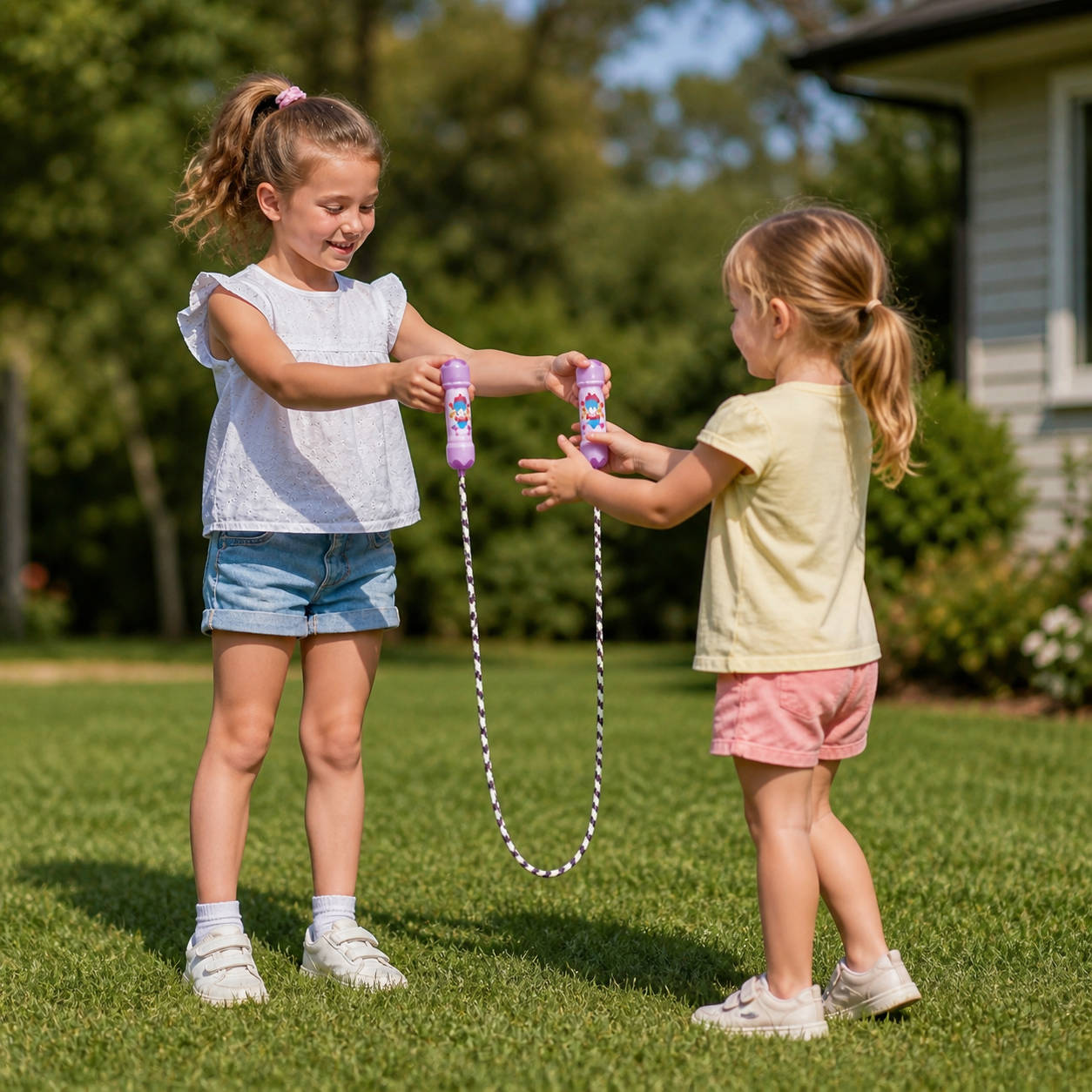 Purple jump-rope handles and woven black-and-white rope shown at child scale