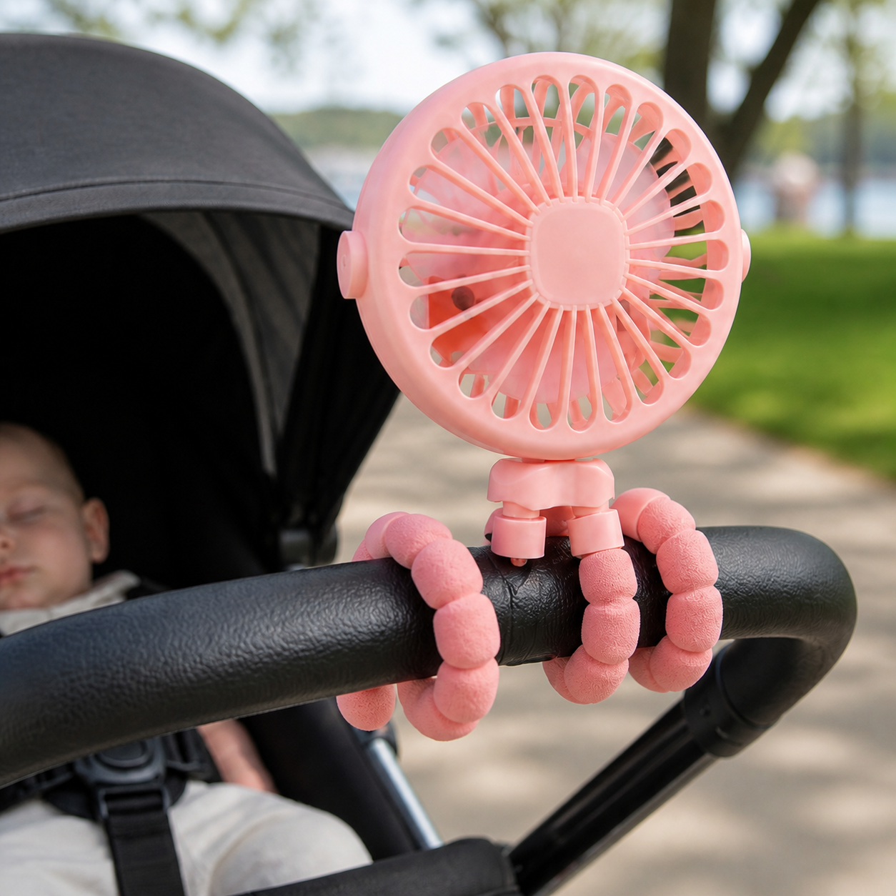 Baby Stroller Fan Mini Portable Pram USB Rechargeable — close detail of the flexible legs wrapped firmly around the handle and enclosed fan grille