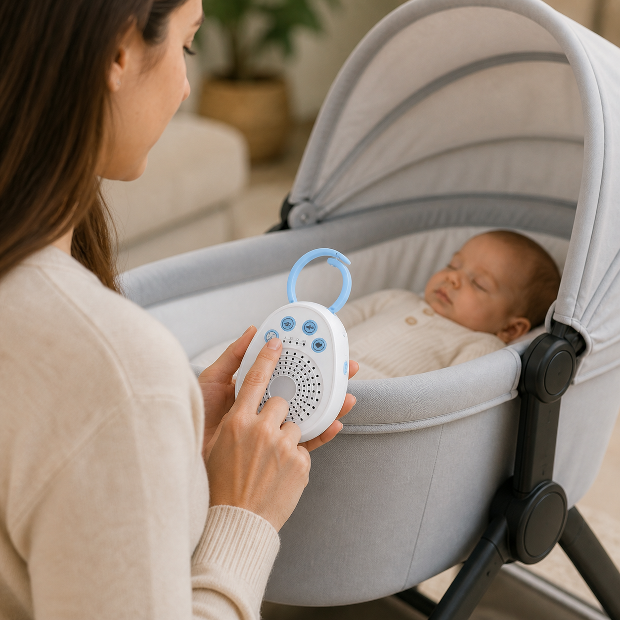 Baby White Noise Machine Sleep Minutes Soothing Sounds — close detail of parent selecting a button while holding device outside the sleep space, accurate hand