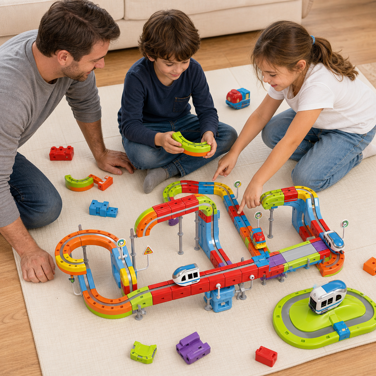 Two children redesigning a colourful magnetic train track together under adult supervision