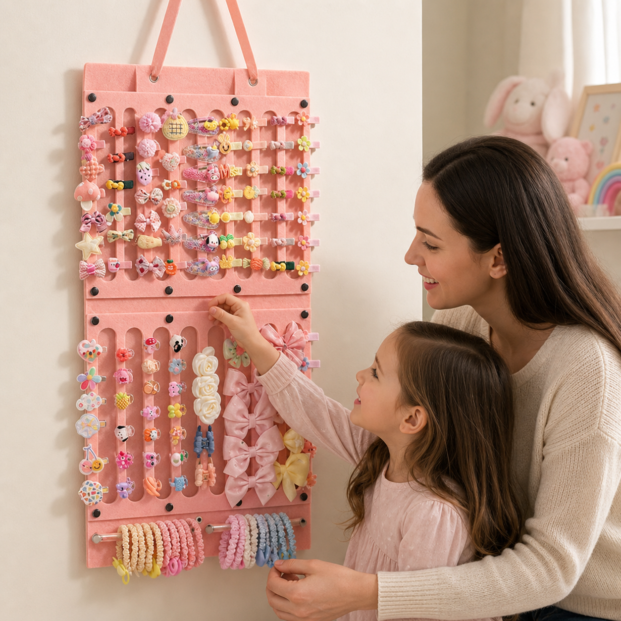 Parent and young child choosing a hair clip from the pink vertical felt organizer