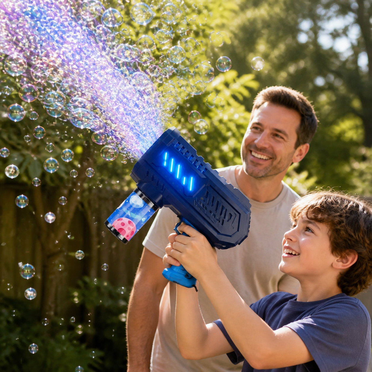 Child using a large blue automatic bubble gun outdoors with close adult supervision