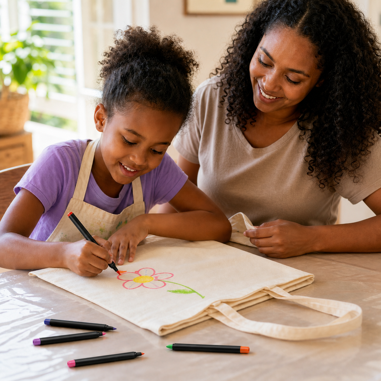 Pack Fabric Markers Non-Toxic Ink Graffiti Crafts DIY — child decorating a plain cotton tote with fabric markers while parent watches