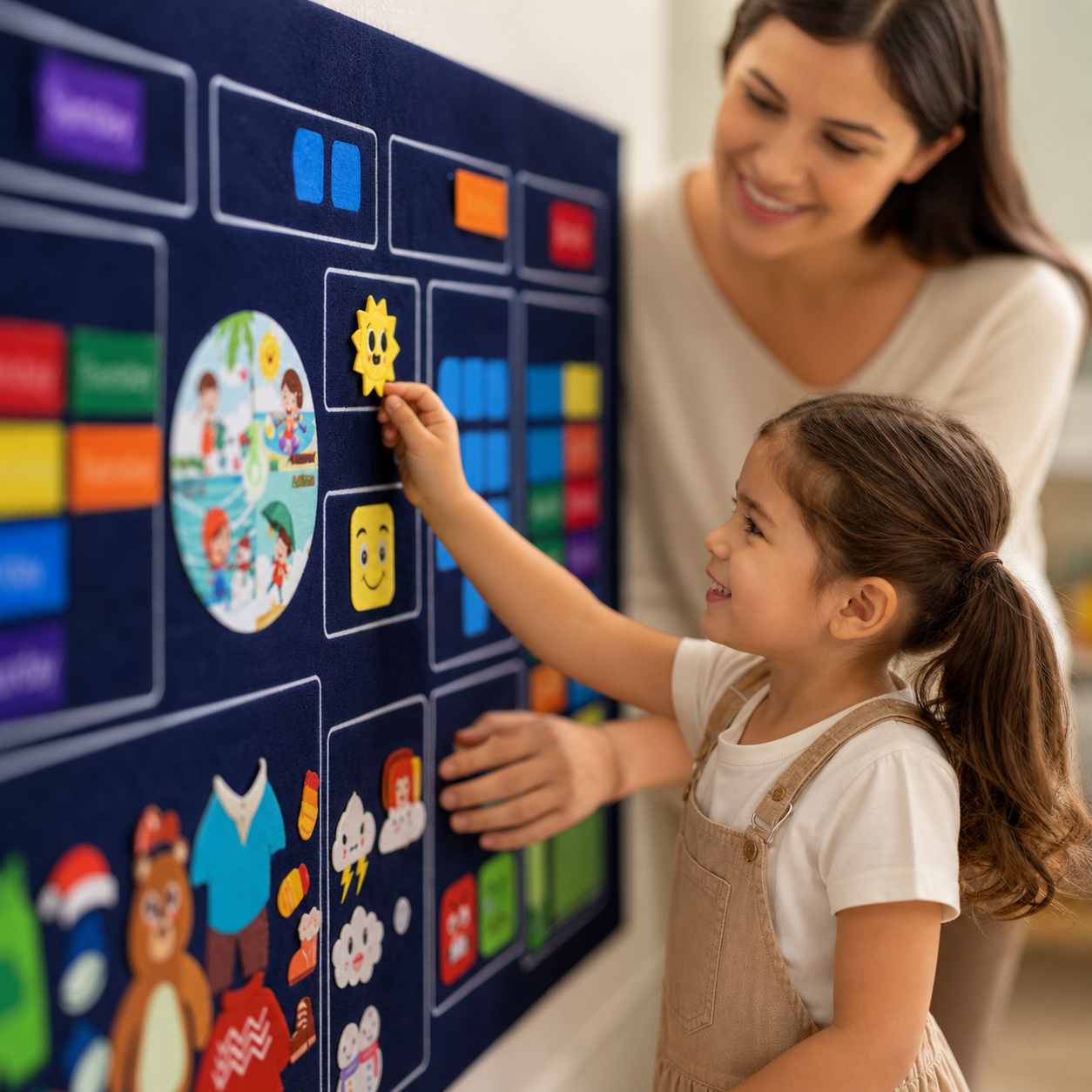 Young child and parent updating a large navy felt daily calendar board