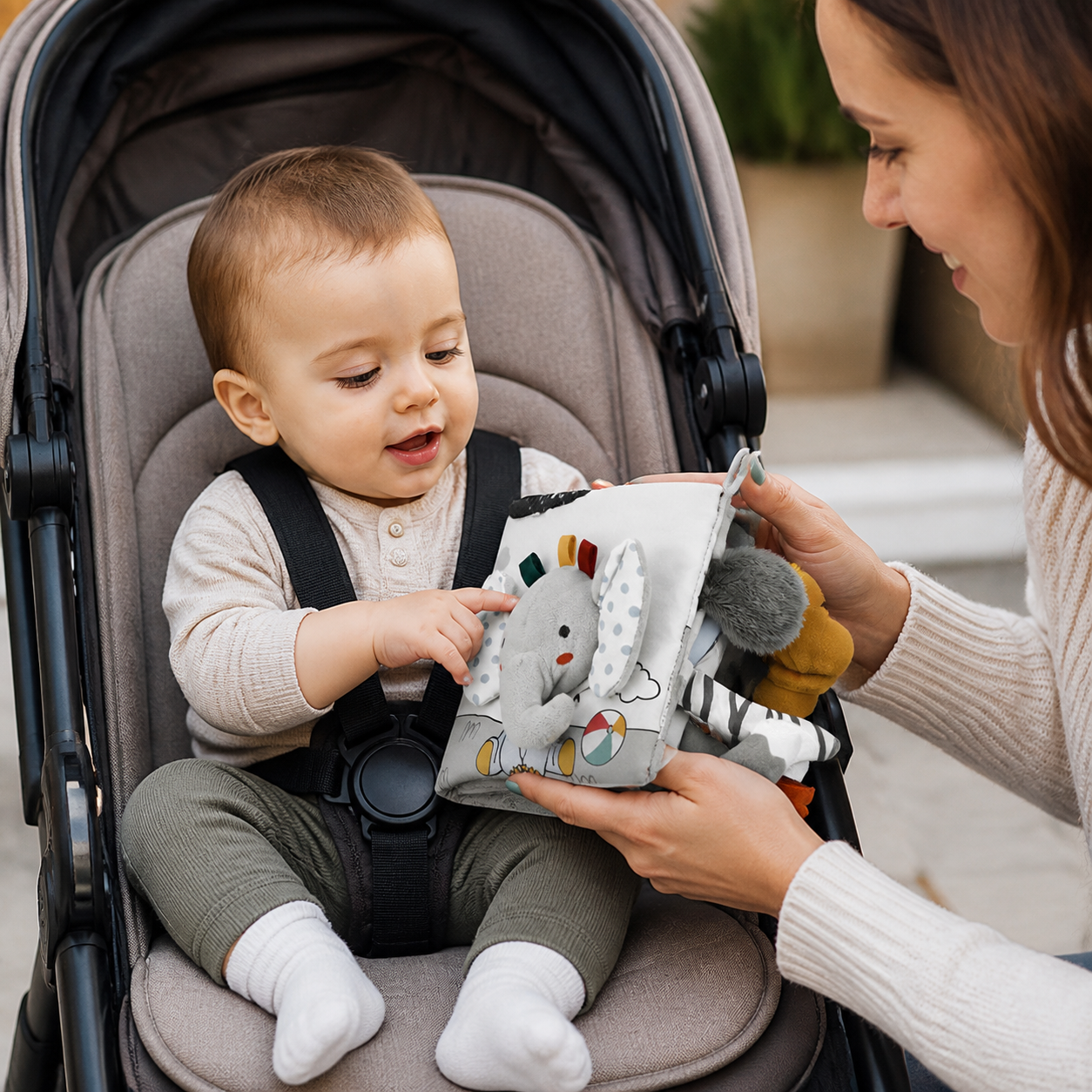 Baby in a stationary stroller touching the soft elephant activity book while a parent holds it