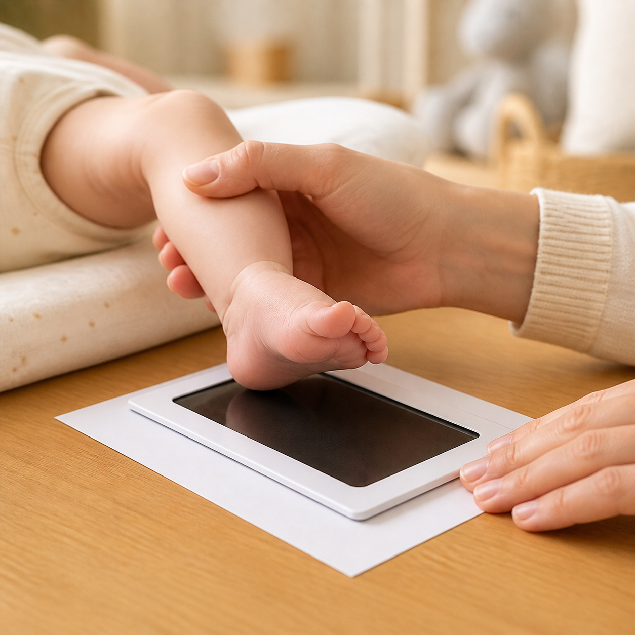 Baby foot positioned above a clean-touch imprint pad resting over a white card