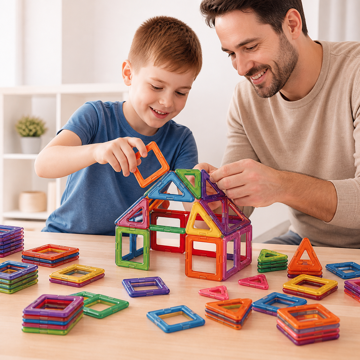 School-age child building a colorful structure with big translucent magnetic tiles