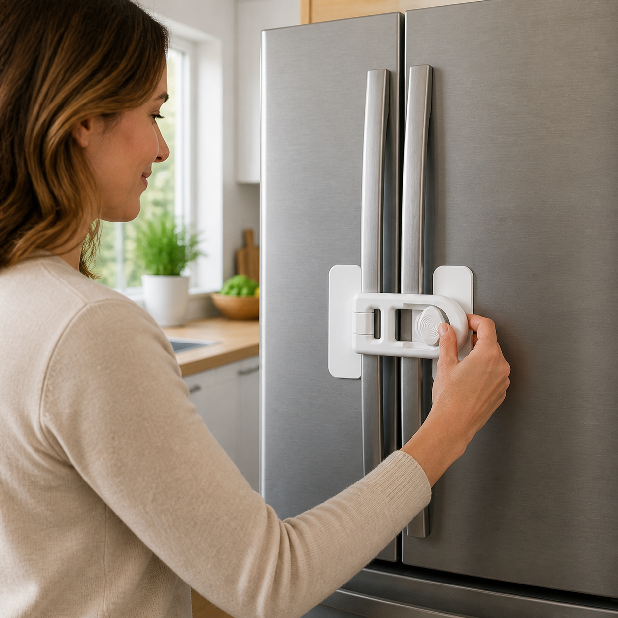 Safety Fridge Door Lock No Drill Screw Childproof — parent testing the installed latch on the closed refrigerator while the kitchen remains calm and child-free
