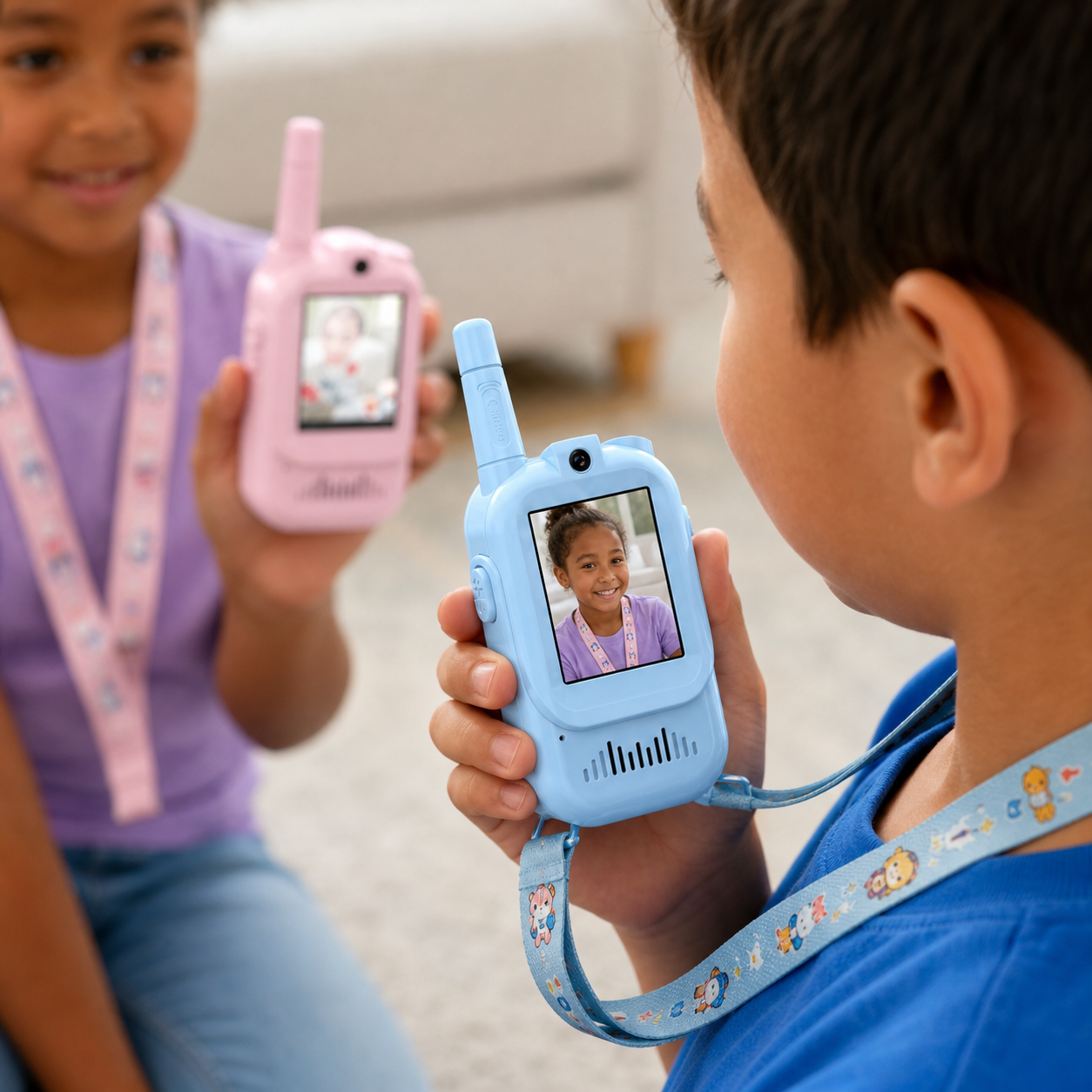 Kids coordinating a pretend mission with a pink and blue video walkie-talkie pair