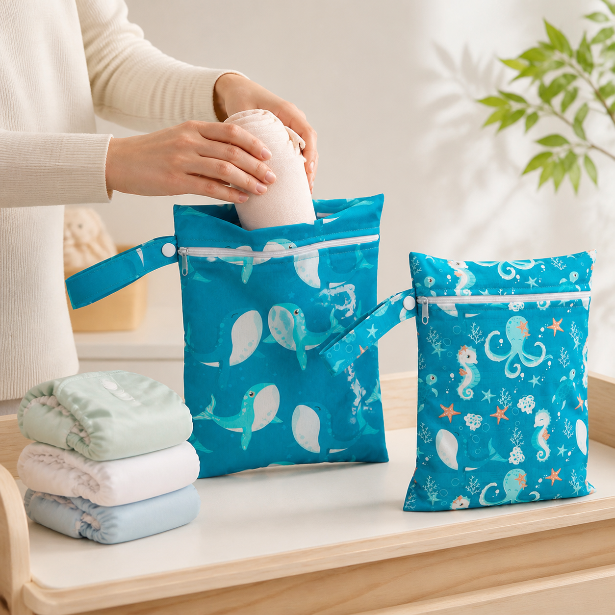 Parent placing a damp reusable nappy into the larger turquoise wet dry bag