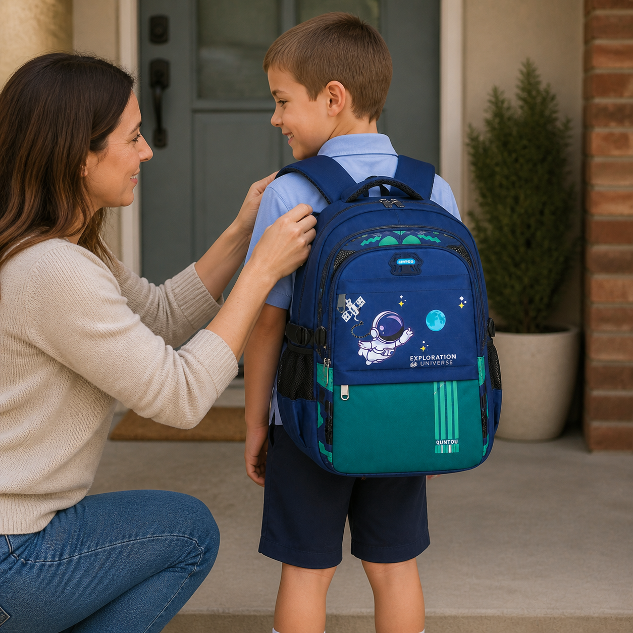 Navy and teal astronaut school backpack showing front compartments and side mesh pocket