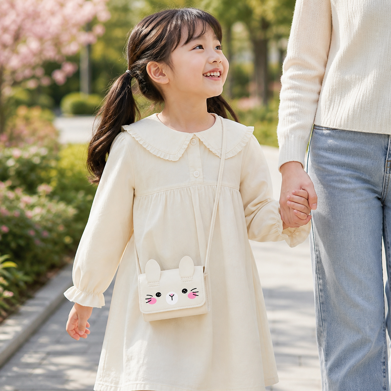 Young child wearing the white rabbit mini handbag on a short family outing