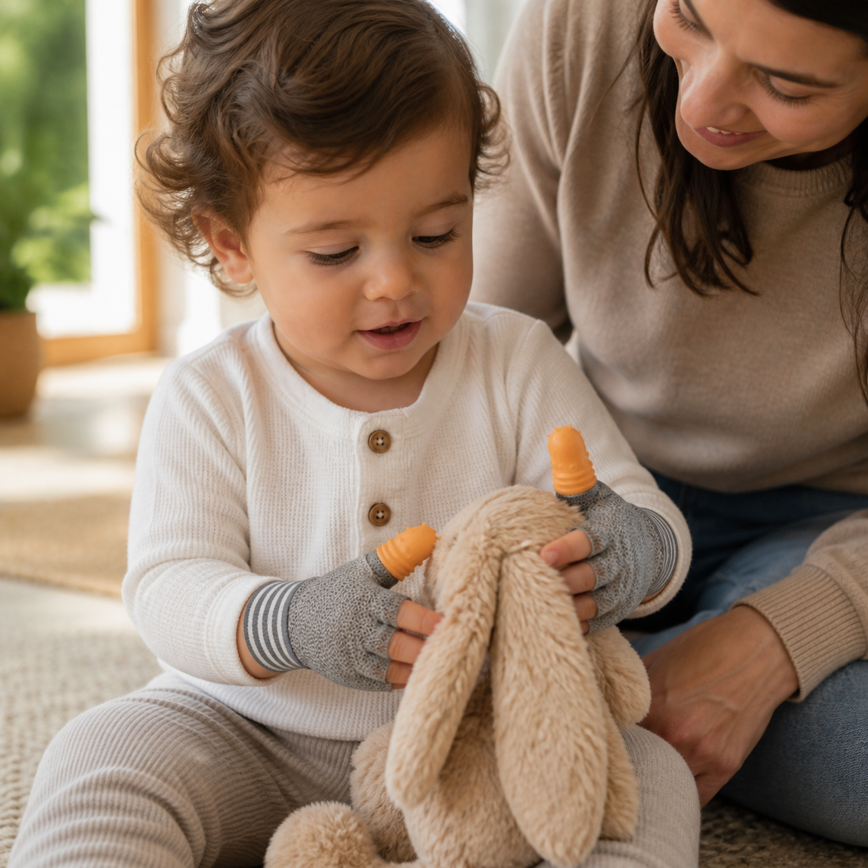 Mambobaby Baby Anti-Bite Gloves Silicone Finger Cots Stop — toddler calmly exploring a soft toy while wearing the covers, parent seated beside them