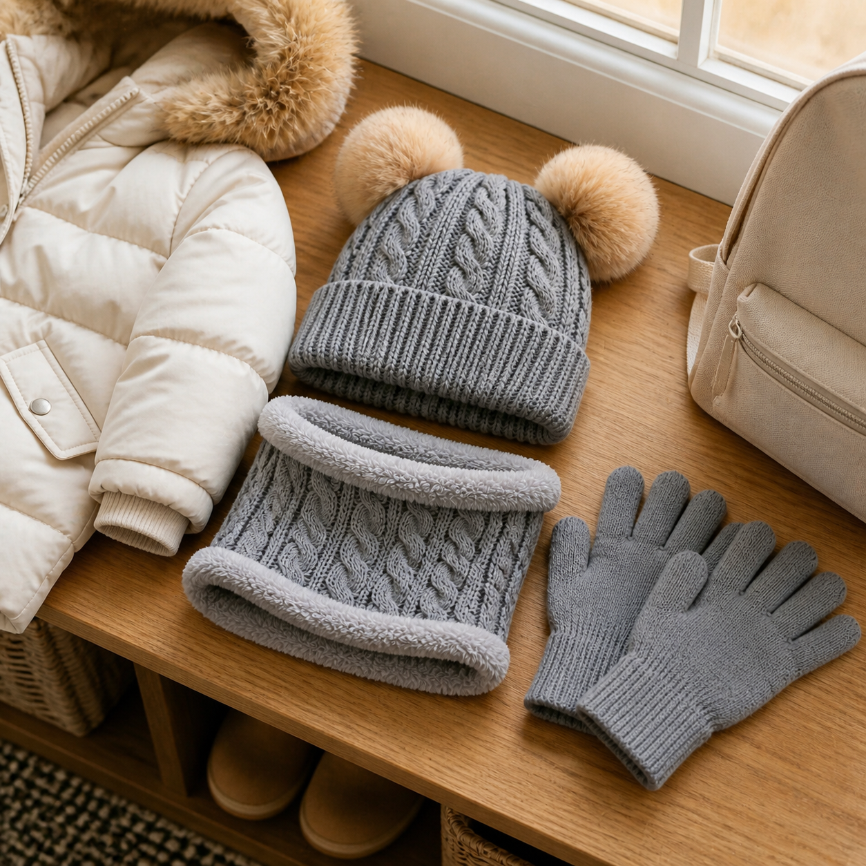 Grey winter hat neck warmer and pair of gloves laid out beside a child’s coat and backpack