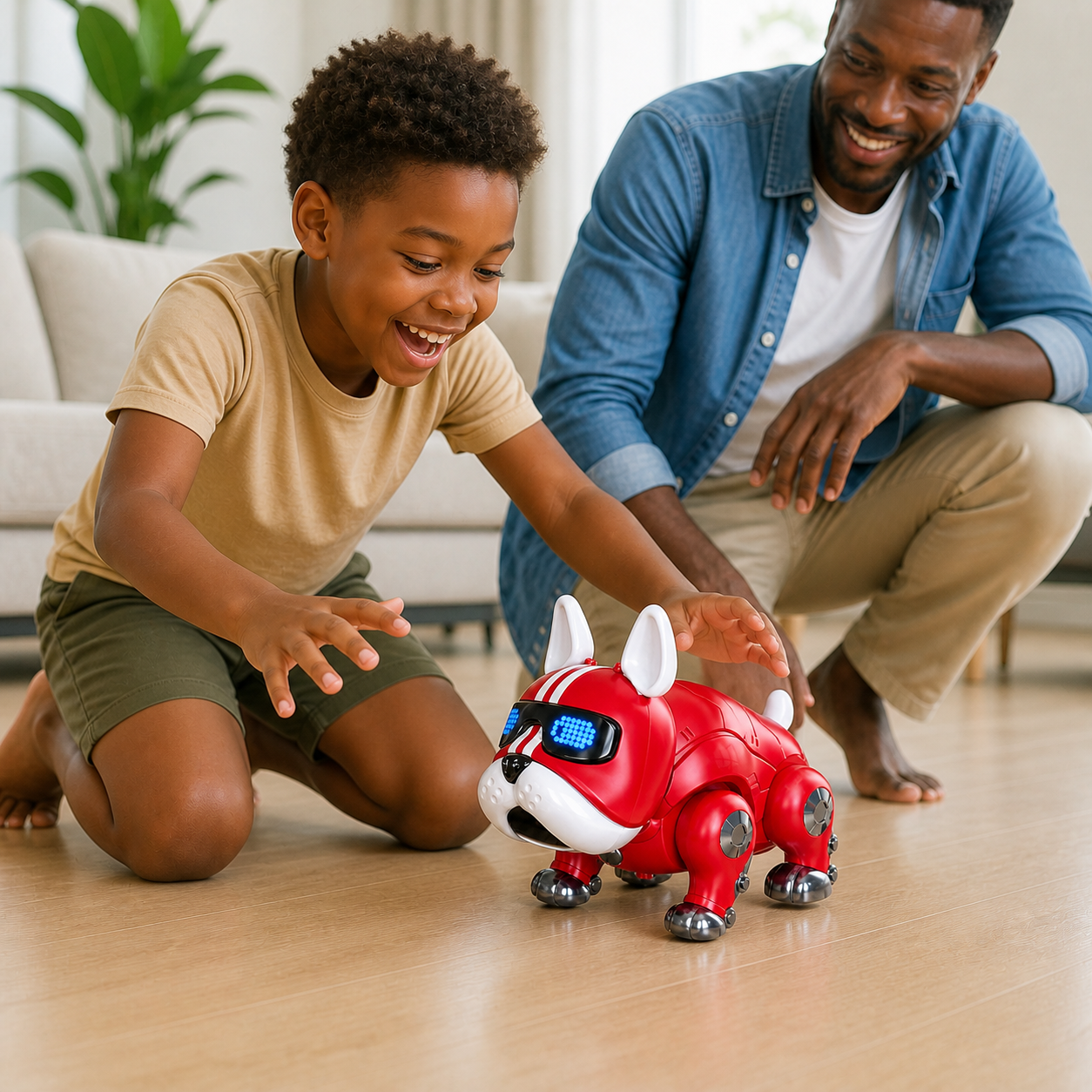 Dance Music Bulldog Robot Intelligent Interactive Dog Light — child reacting with delight as the red robot bulldog moves on a clear living-room floor