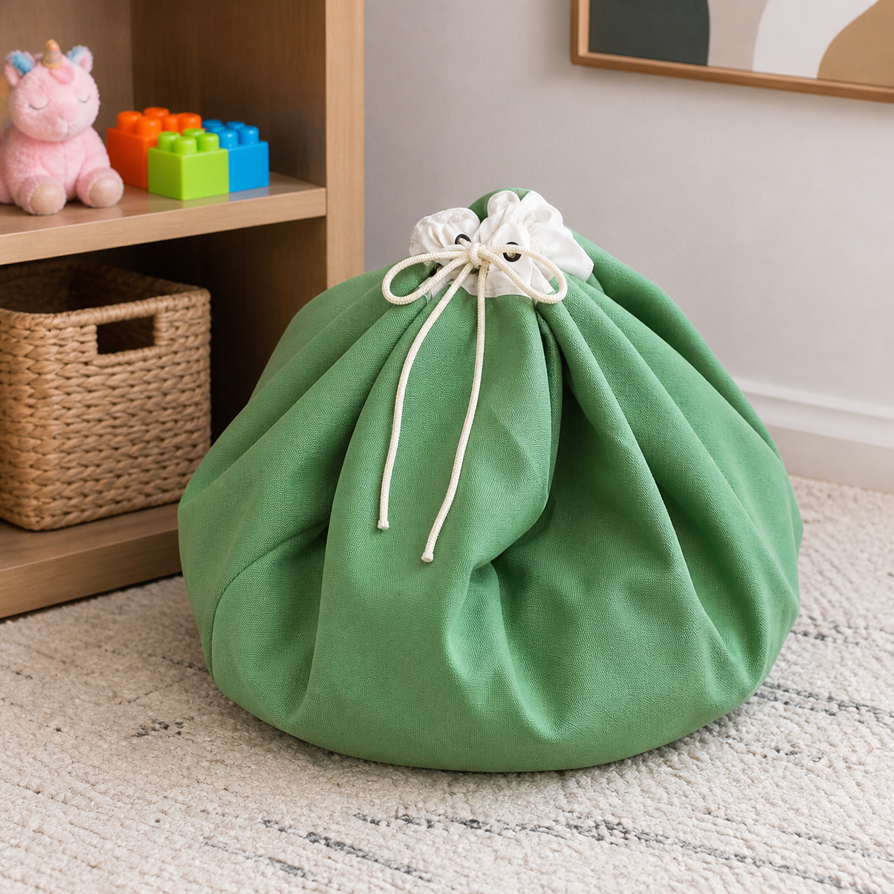 L Green cotton-canvas toy mat fully gathered into a soft drawstring storage bag