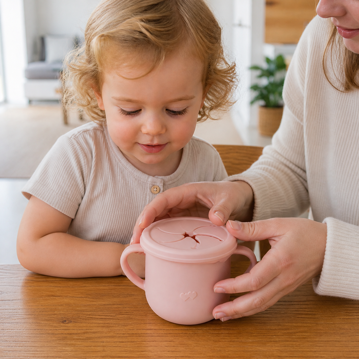 Baby Silicone Feeding Cups Portable Drinkware Sippy Food — close view of parent pressing the lid securely onto the cup before use, natural hands