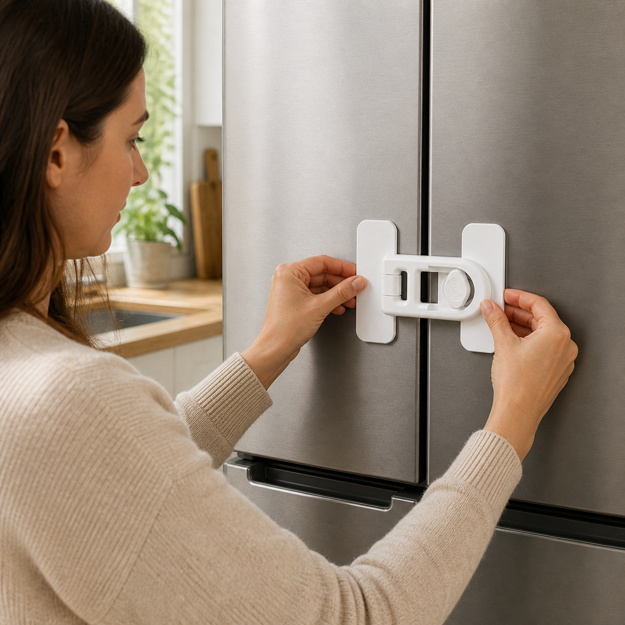 Safety Fridge Door Lock No Drill Screw Childproof — adult aligning the two white adhesive bases across closed refrigerator doors
