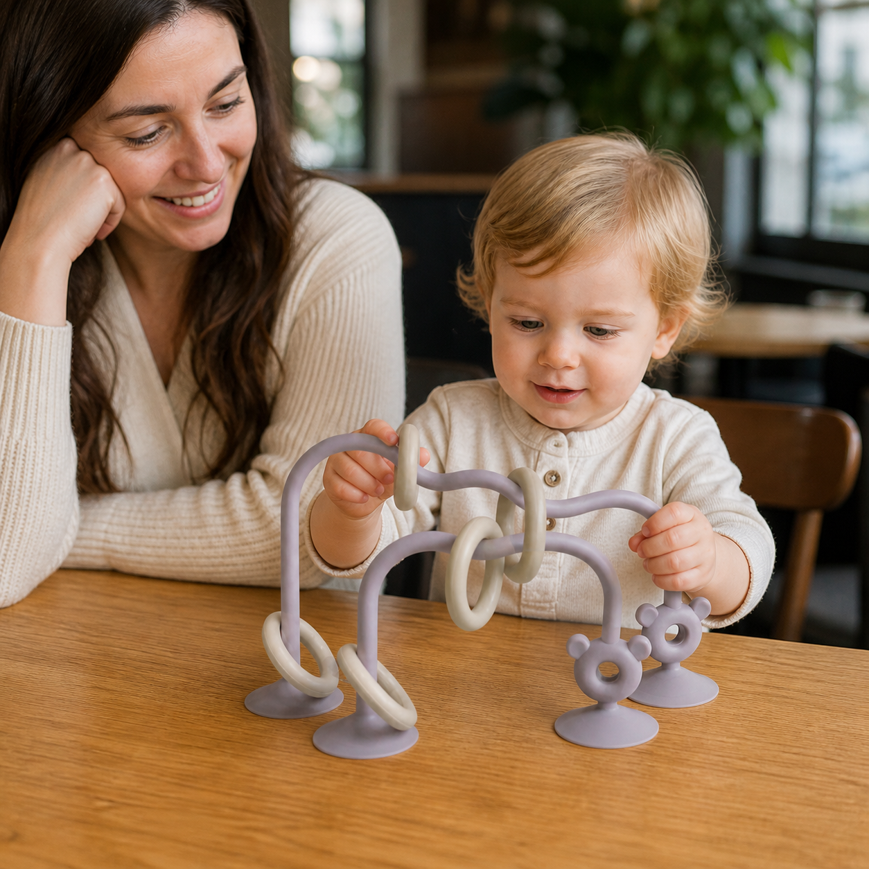 Silicone Children'S Desktop Toys Bead Wrap Baby Early — parent places the secured bead maze on a café table for a calm supervised waiting activity
