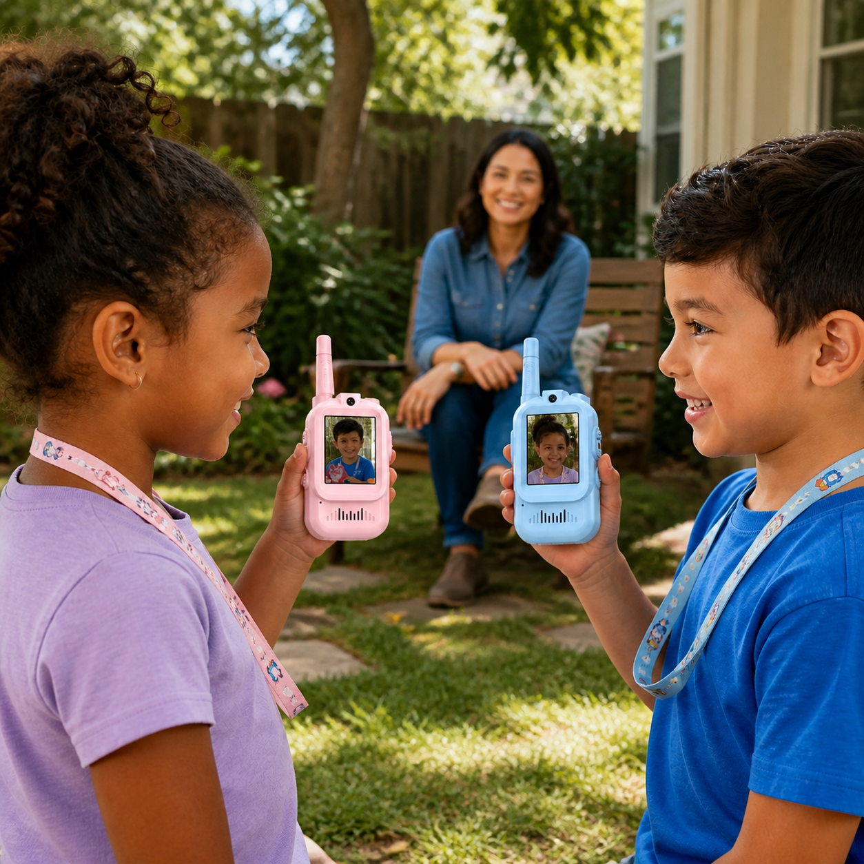Pink and blue rechargeable video walkie talkies with screens and lanyards