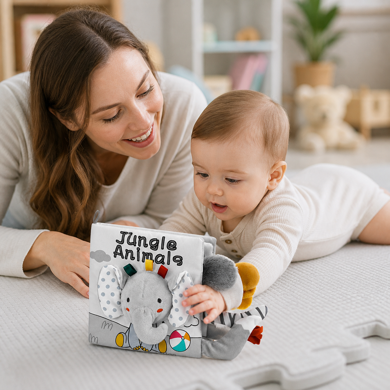 Baby exploring the tactile elephant ear on the Jungle Animals soft book during supervised tummy time