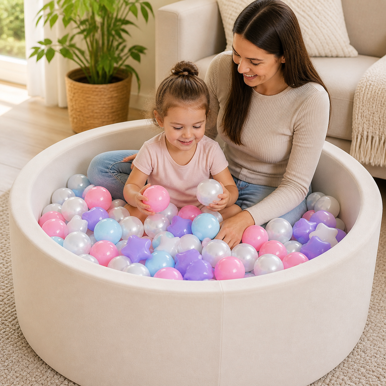 Parent and preschool child sharing supervised play in a pastel ball pit