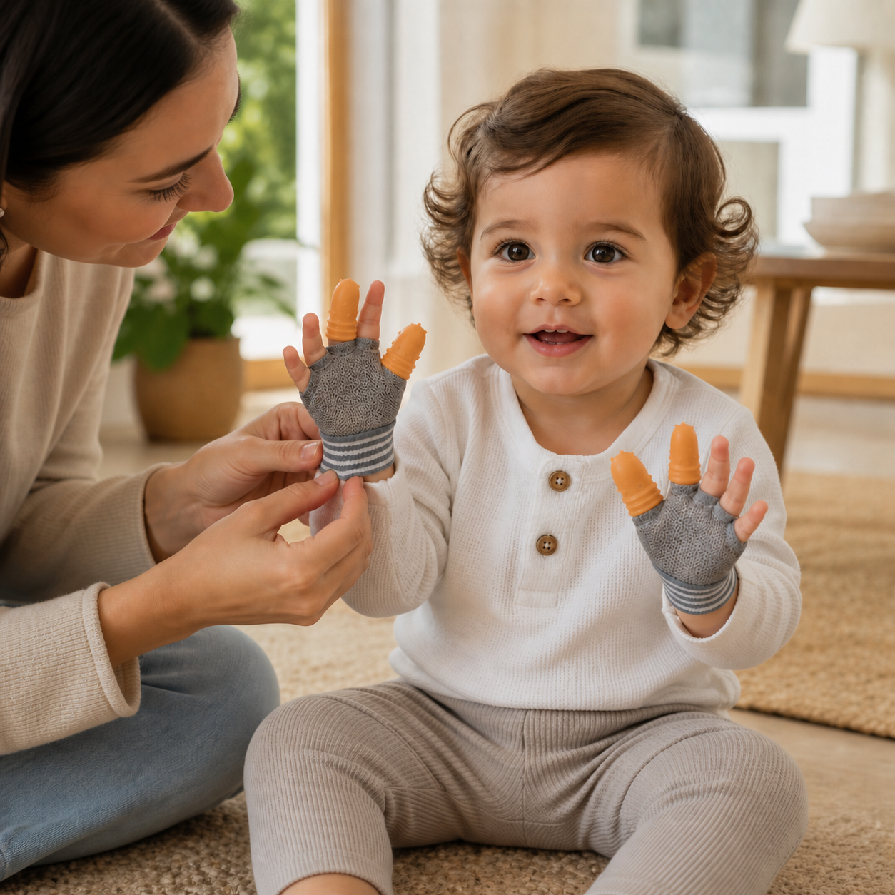 Mambobaby Baby Anti-Bite Gloves Silicone Finger Cots Stop — parent checking the fit of both gray hand covers on toddler’s hands before supervised play