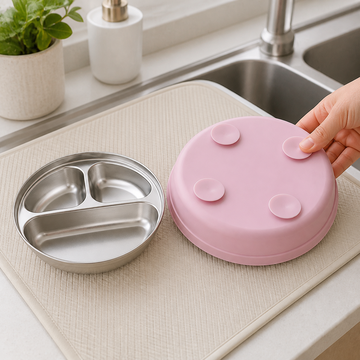 Pink plate components separated to show the steel insert and four underside suction feet