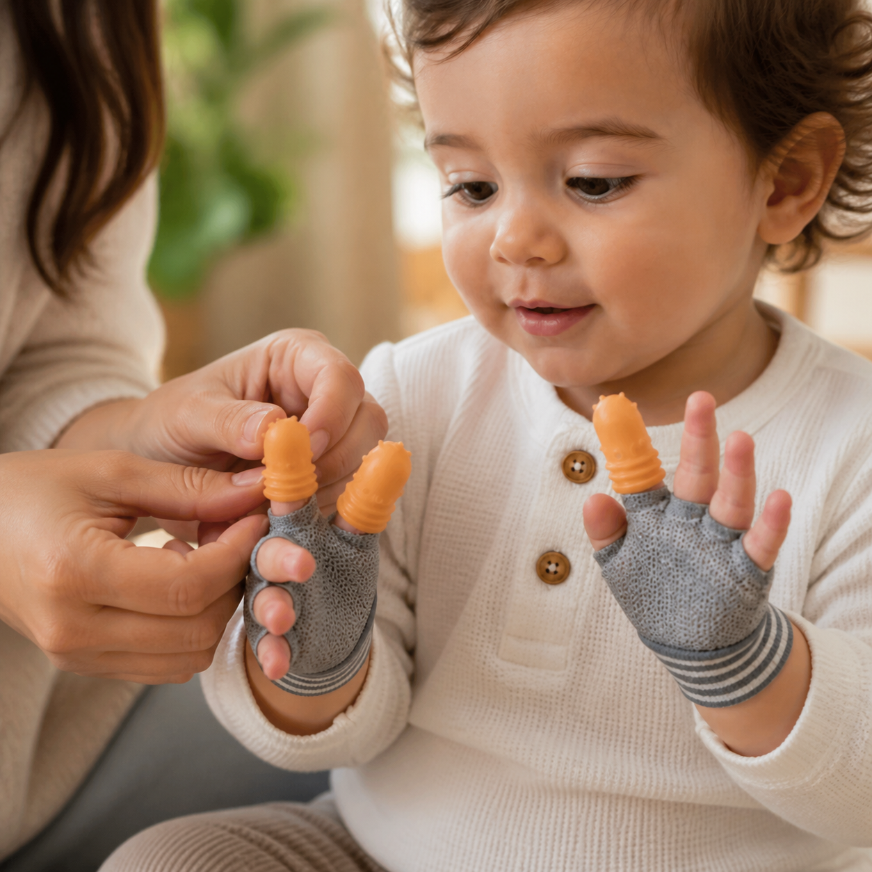 Mambobaby Baby Anti-Bite Gloves Silicone Finger Cots Stop — close view of the orange silicone fingertip sections and snug knit wrists, anatomically correct hands