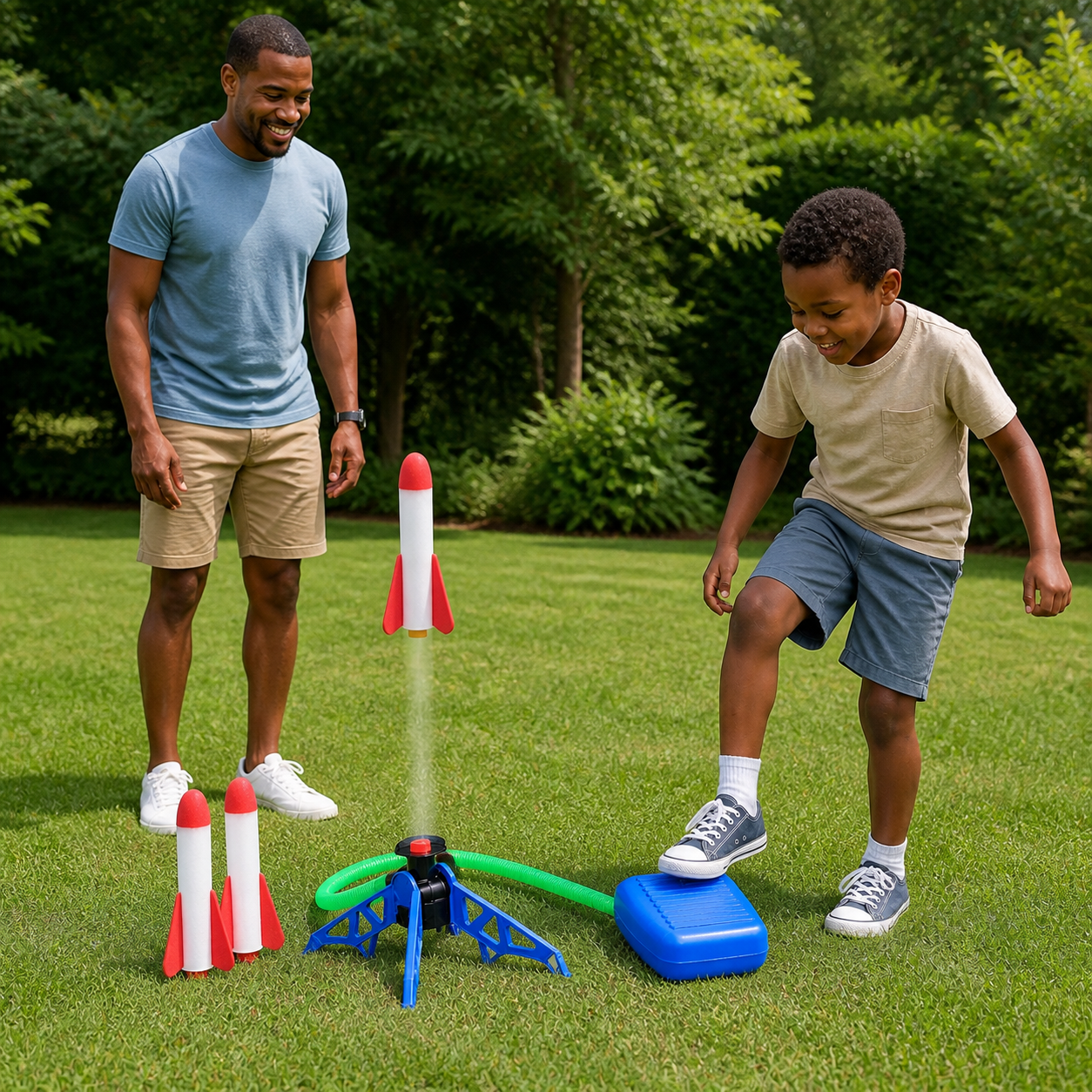 Child stomping the blue launch pad as one foam rocket lifts outdoors