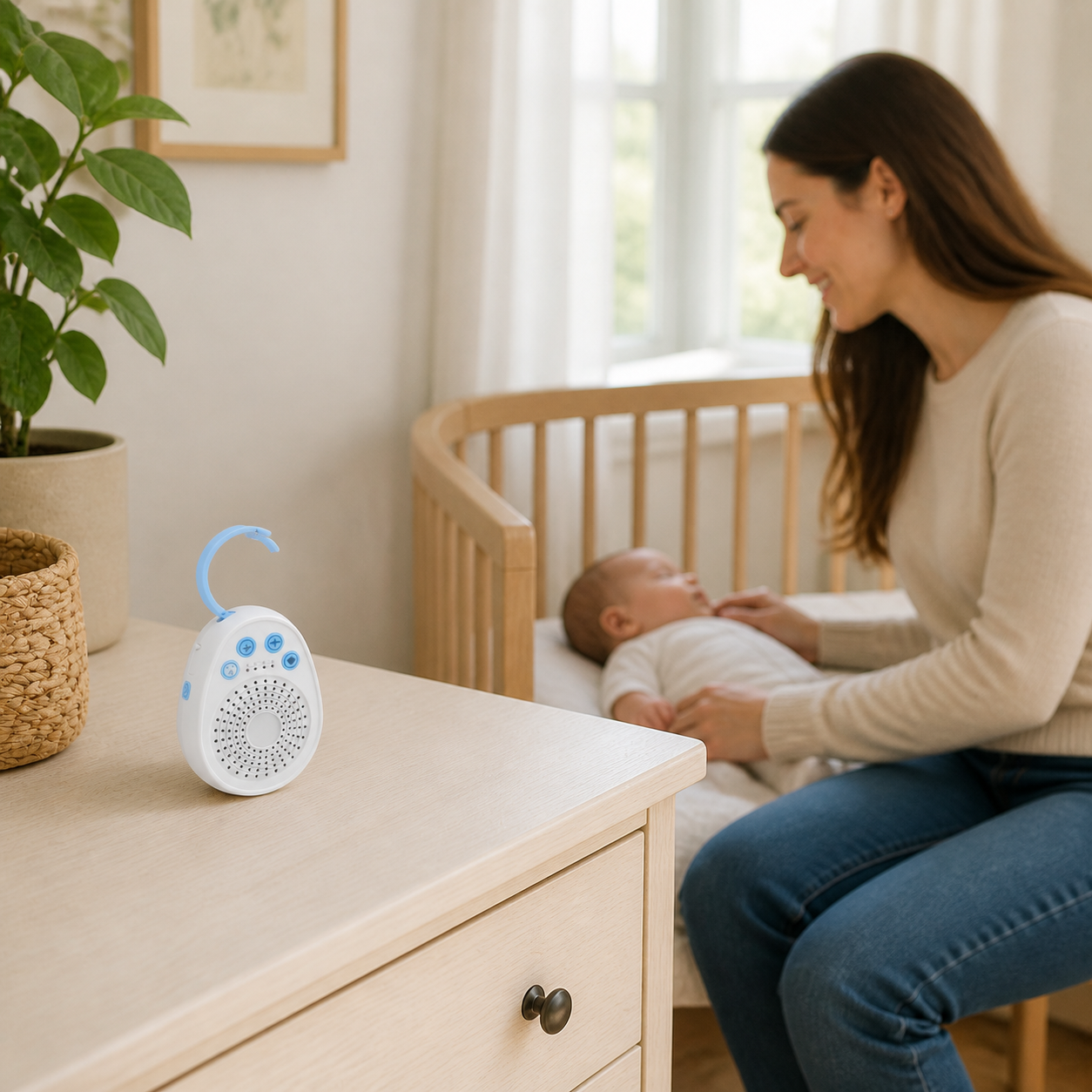 Baby White Noise Machine Sleep Minutes Soothing Sounds — white-noise machine placed on a dresser well away from the crib as parent settles baby