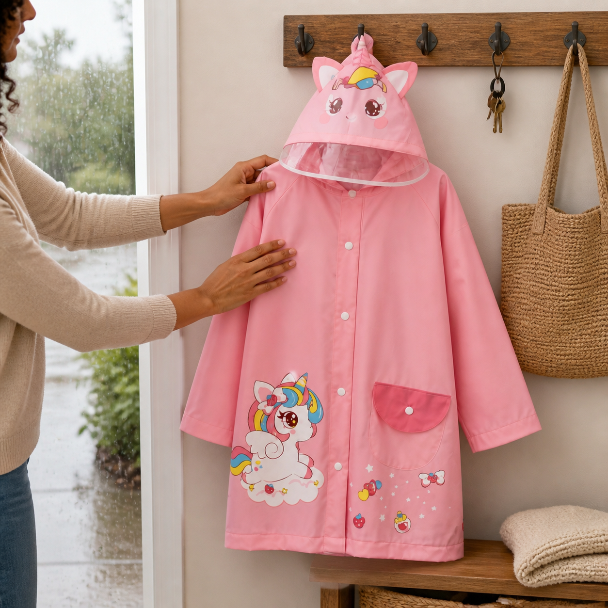 Pink unicorn rain poncho hanging open to dry in a family entryway