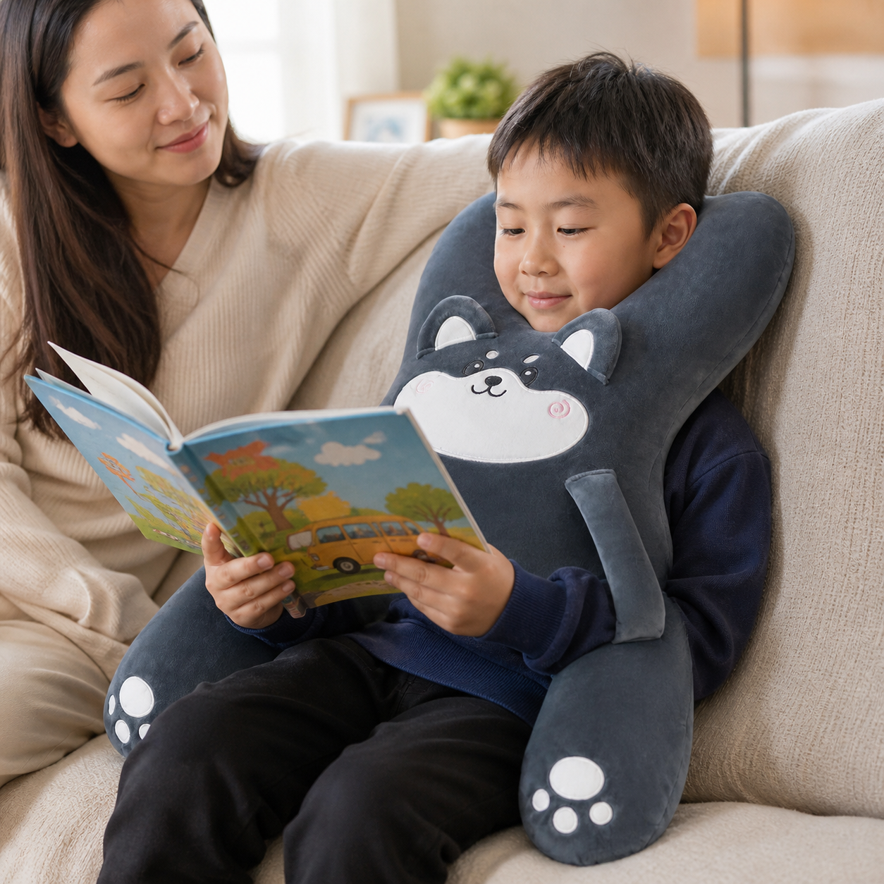 Awake child reading comfortably with the husky neck and body cushion while a parent sits nearby
