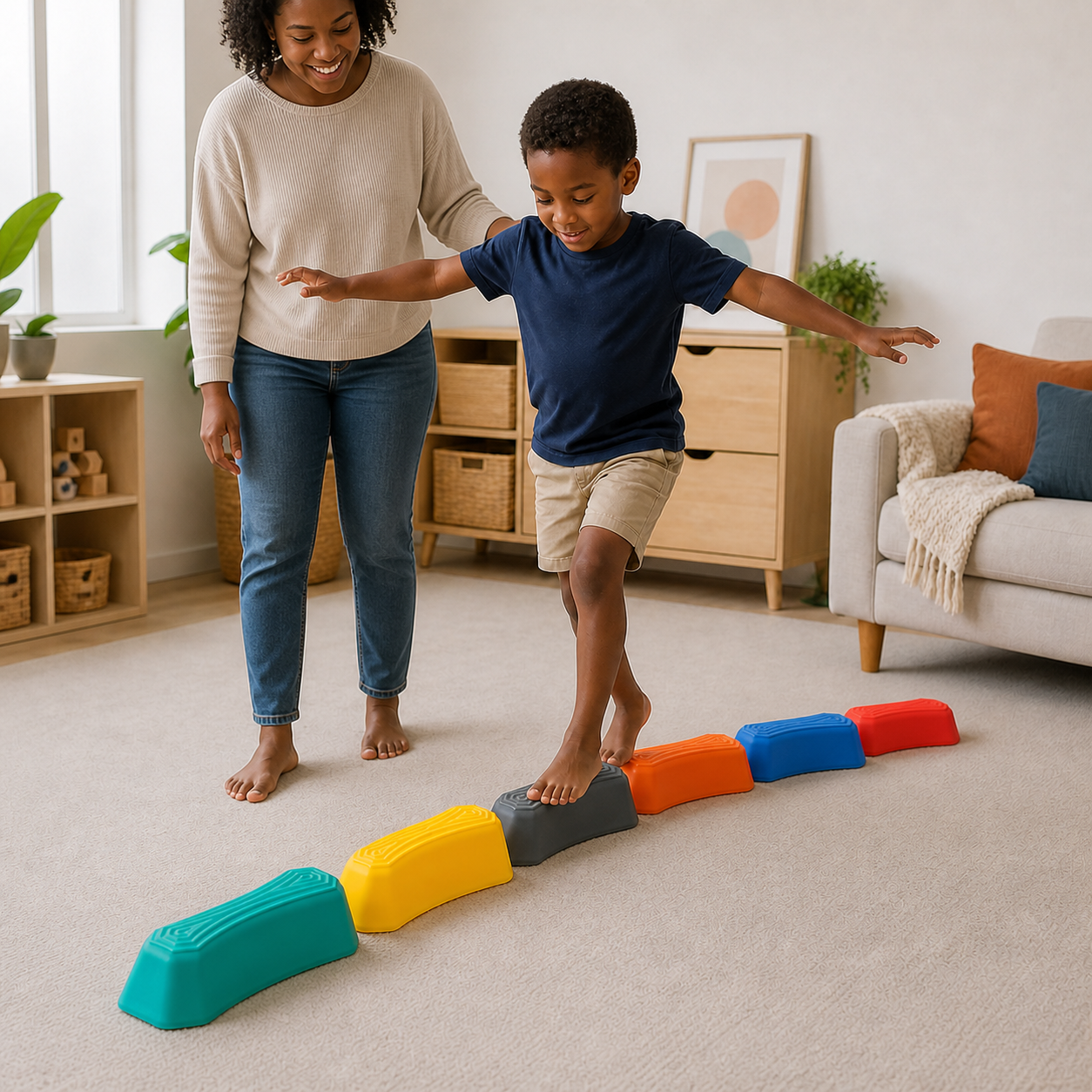 Young child crossing six colorful curved balance stones on a dry level floor