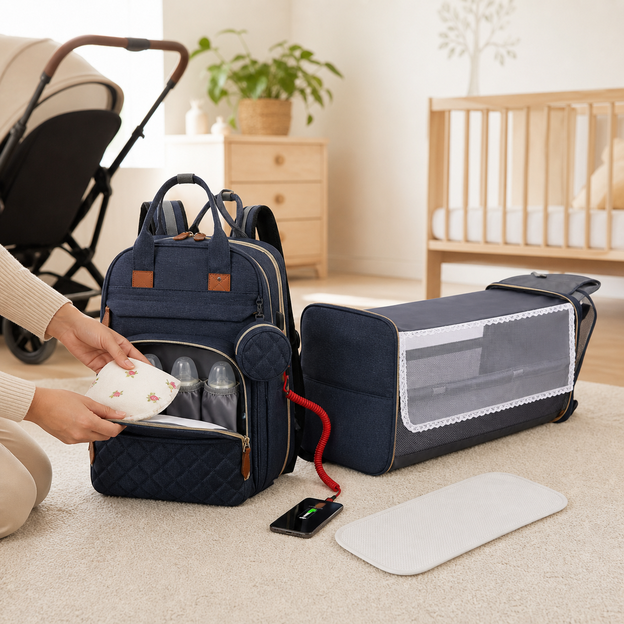 Diaper Bag Backpack Foldable Baby Bed Waterproof Travel